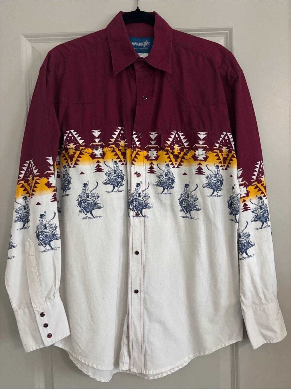 Wrangler Maroon, White and Yellow Western Print Button-Down Shirt